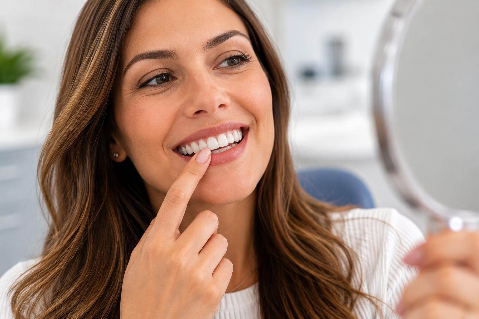 Mulher sorridente toca o dente e avalia no espelho o resultado das lentes de contato dental na Clínica Smile Center, ZL de SP.