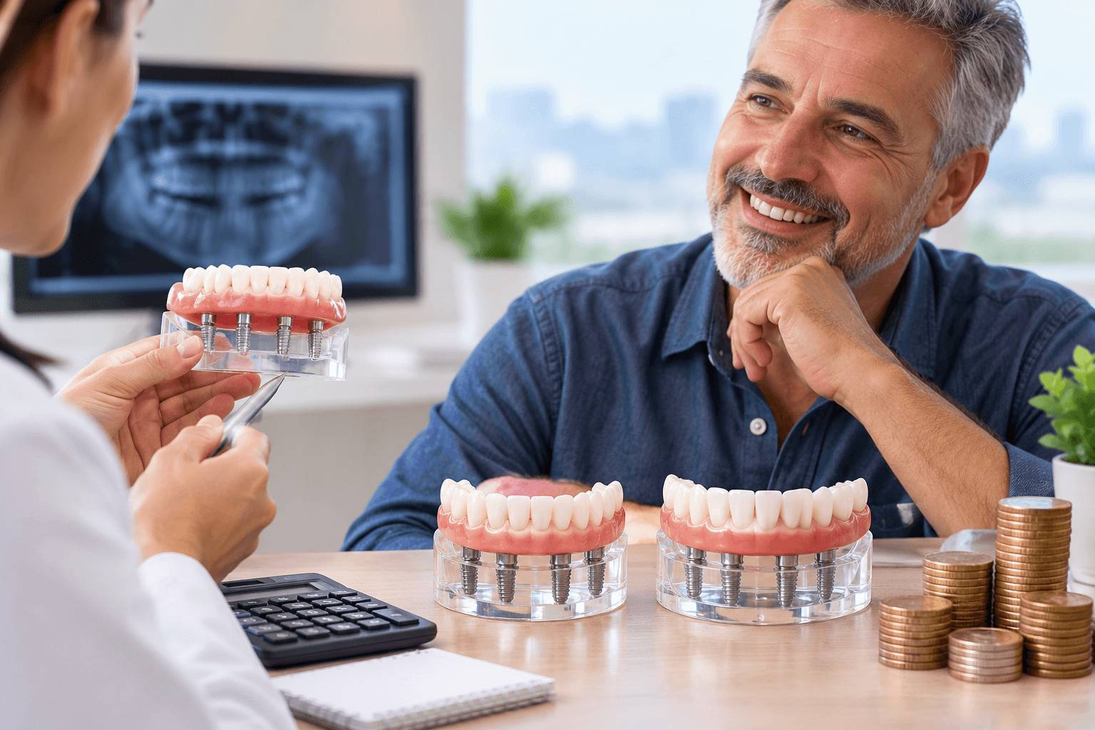 Homem sorri para dentista mostrando modelo de prótese protocolo sobre implantes com moedas na mesa na Smile Center em São Paulo.